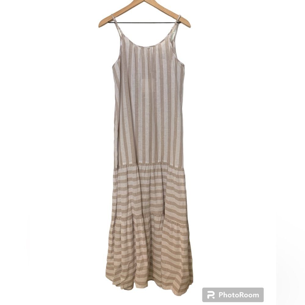 NWT beachlunchlounge linen blend striped maxi dress in khaki. Size Medium - Picture 2 of 6